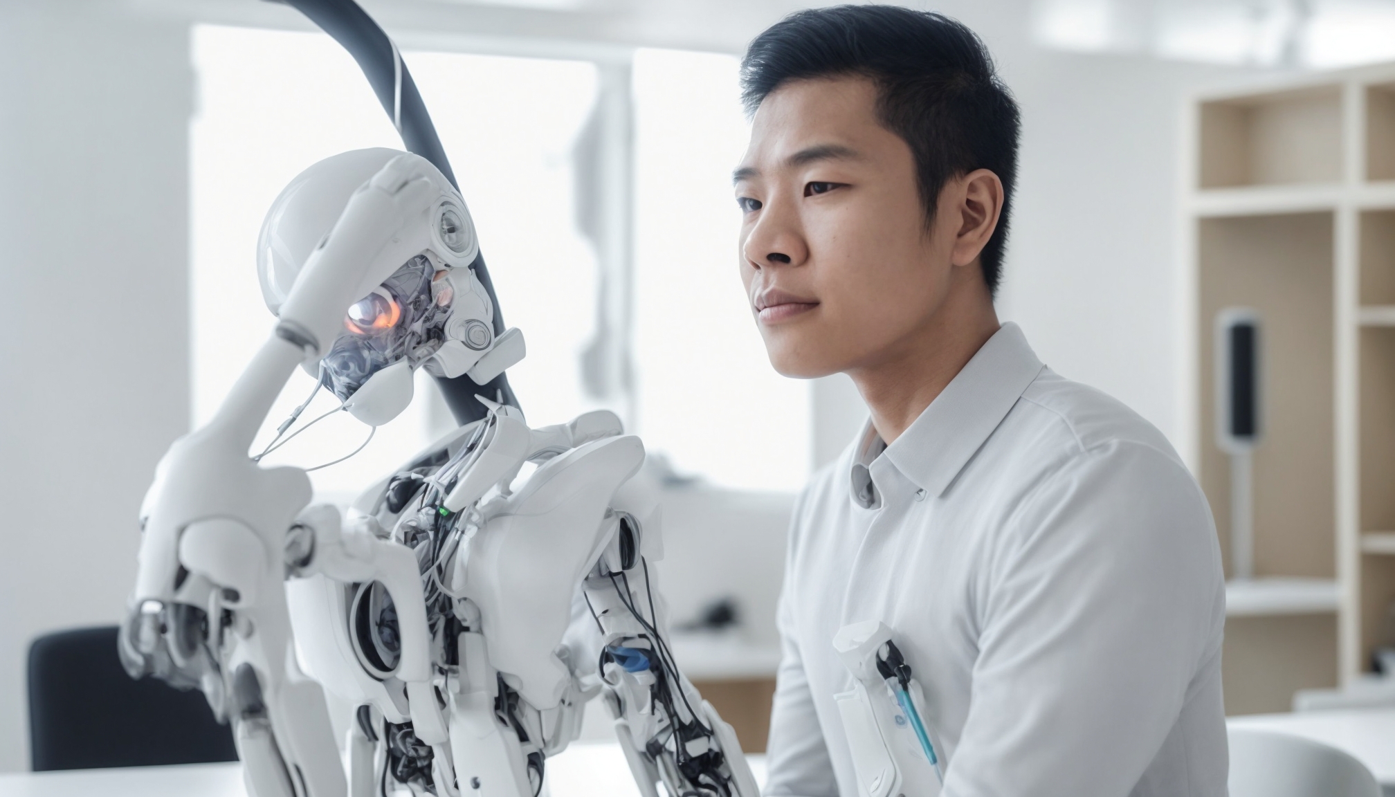Spesialis rehabilitasi medis sedang memeriksa eksorangka robotik sebagai inovasi alat bantu medis terkini