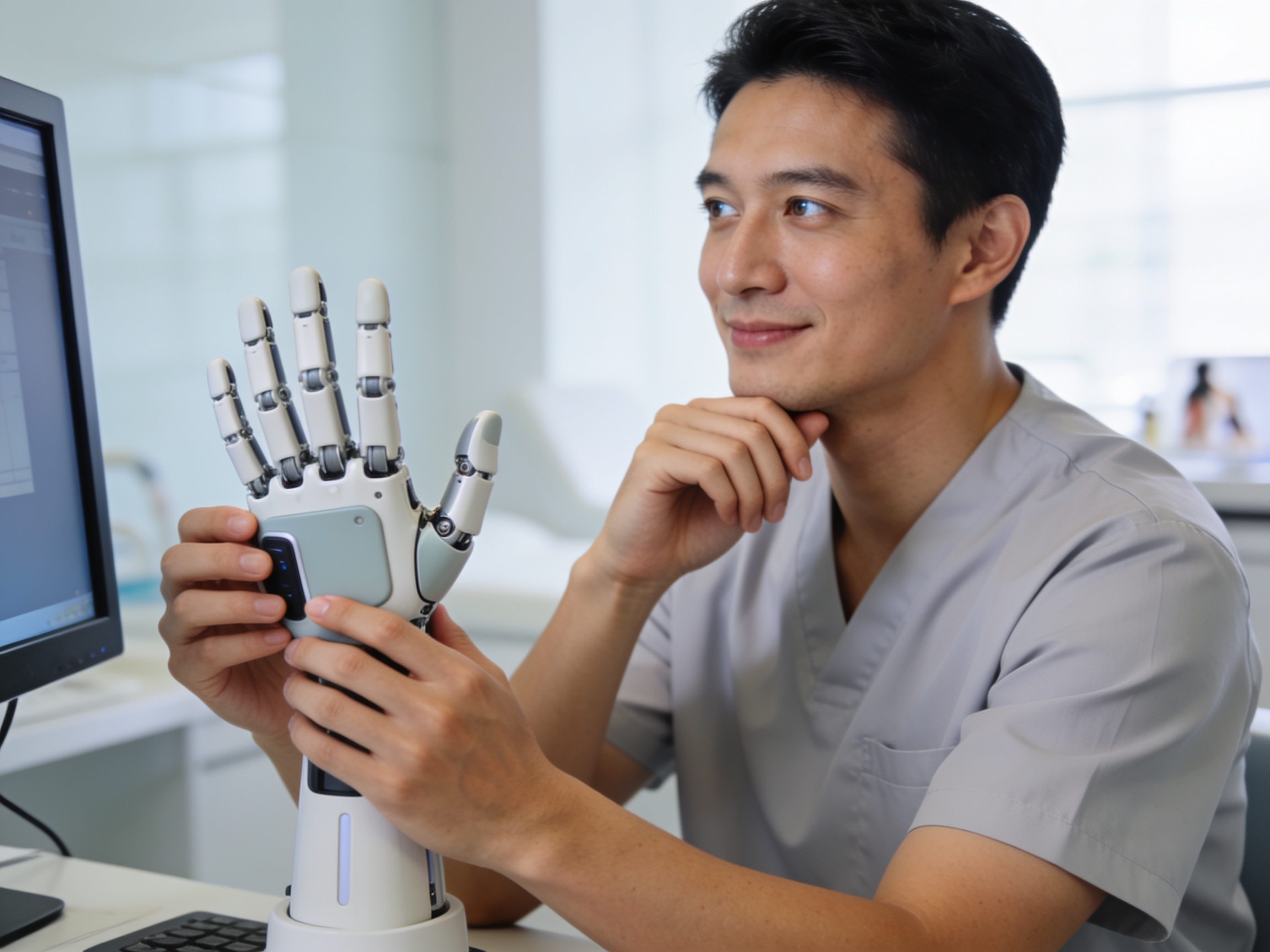 Terapis memasang sarung tangan robotik pasien di klinik rehabilitasi modern