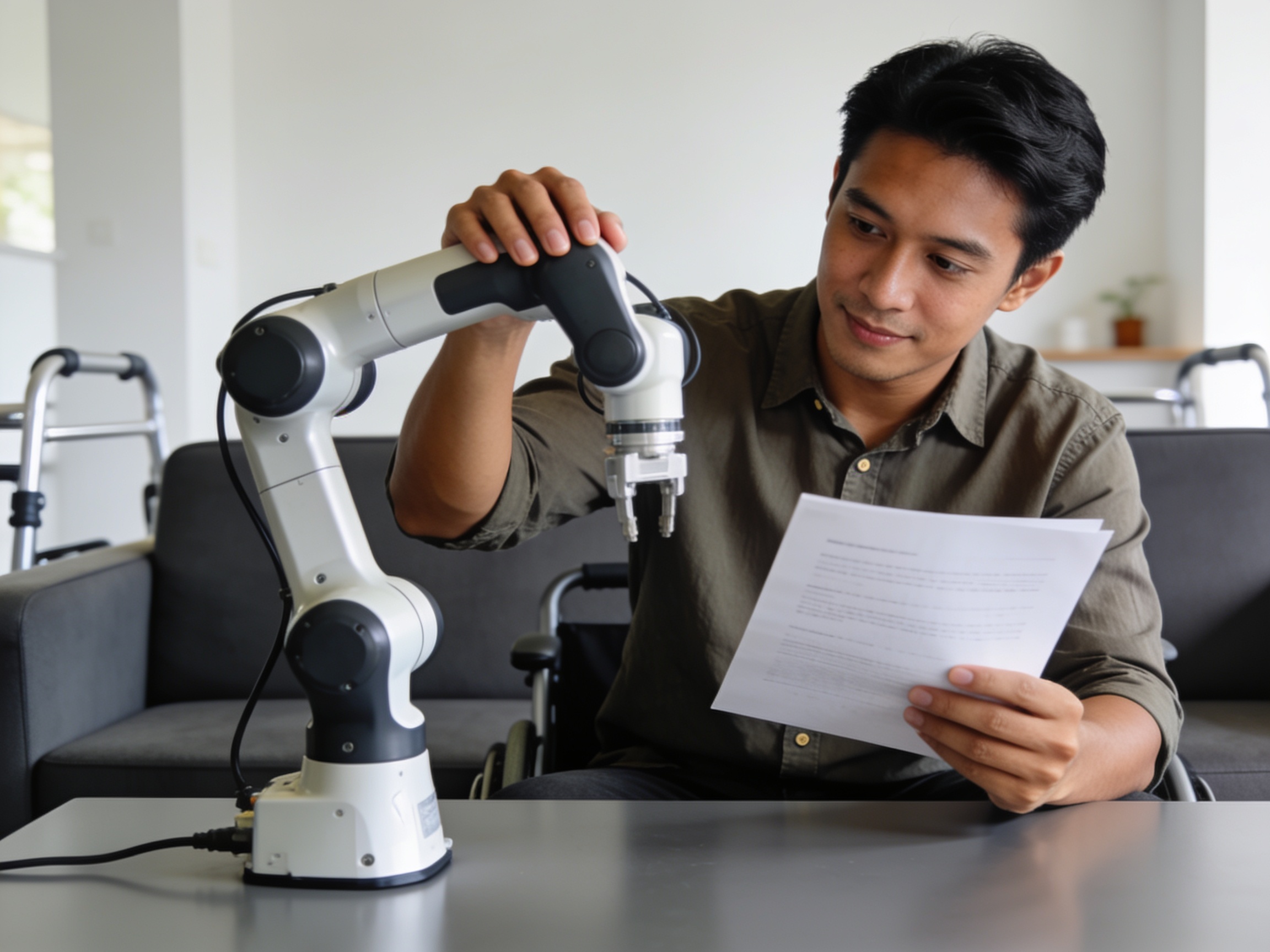 Pria Indonesia memeriksa alat bantu disabilitas fisik robotik untuk mendukung kemandirian sehari-hari.