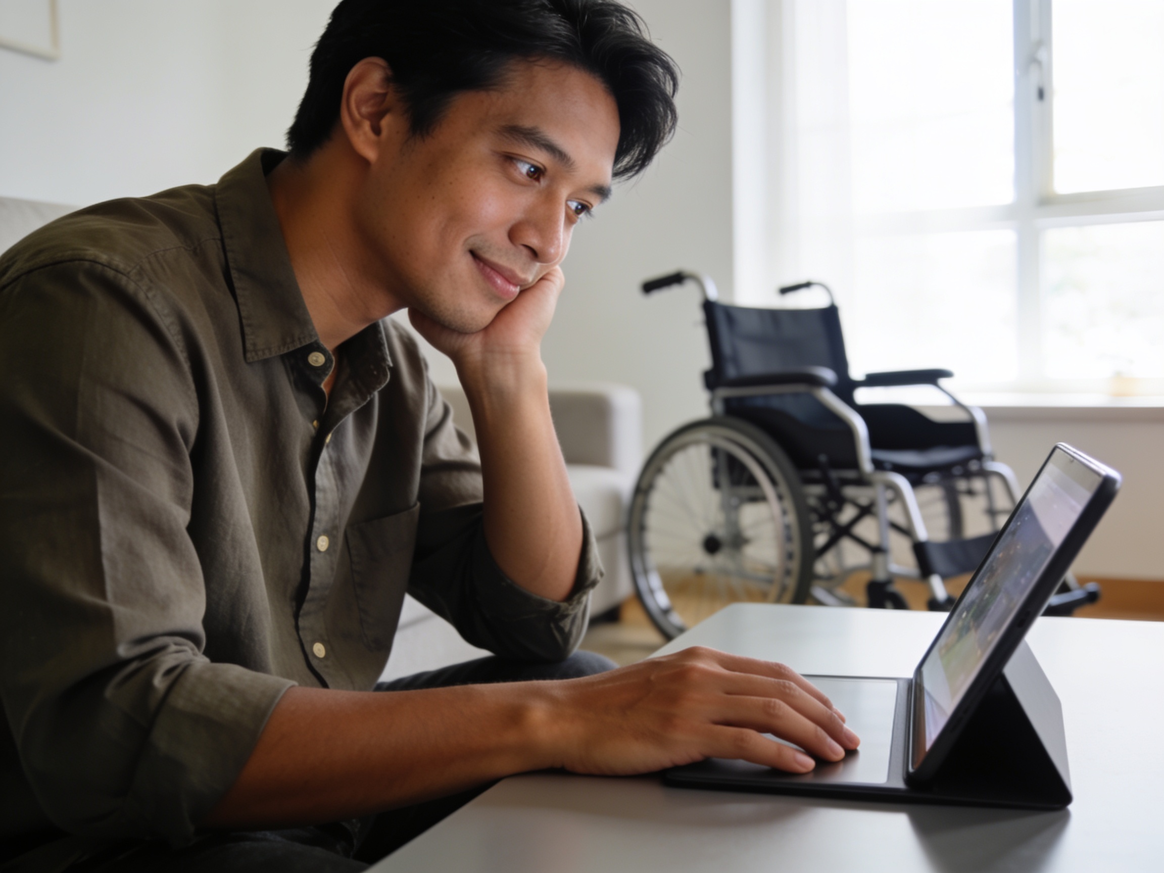 Pria Indonesia memeriksa tablet pengendali alat bantu kesehatan modern di ruang tamu