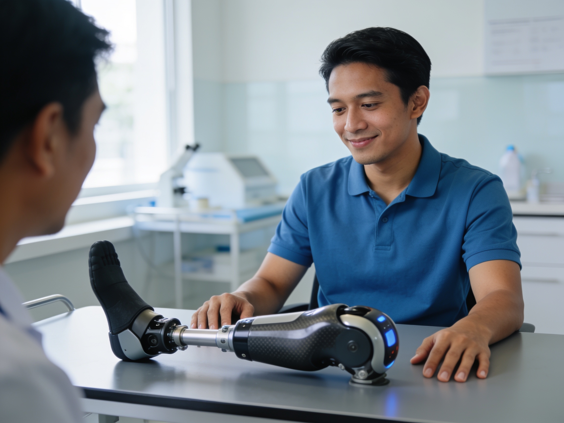 Pria Indonesia memeriksa alat bantu disabilitas modern di klinik rehabilitasi