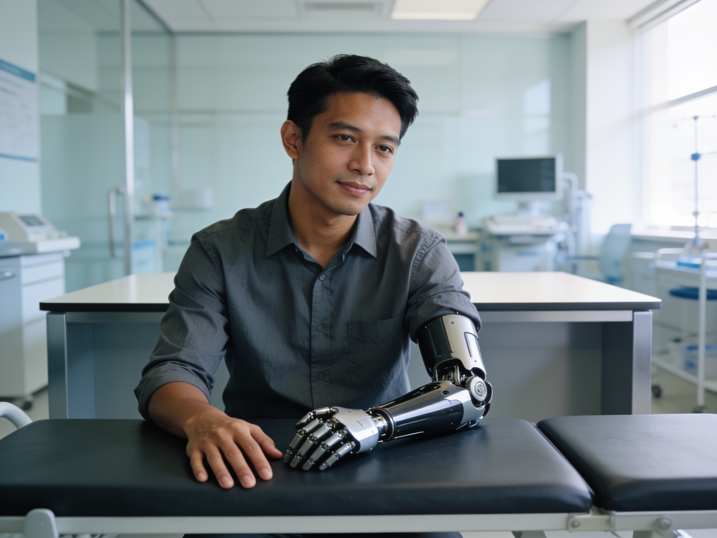 Pria Indonesia memeriksa lengan prostetik bionic sebagai contoh teknologi kesehatan disabilitas modern di klinik.